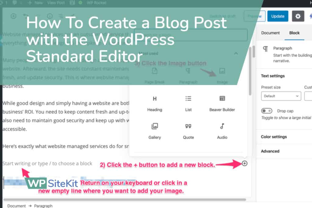 how to create a blog post with the wordpress standard editor.