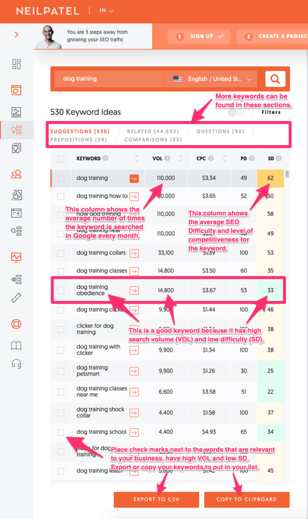 keyword ideas results page