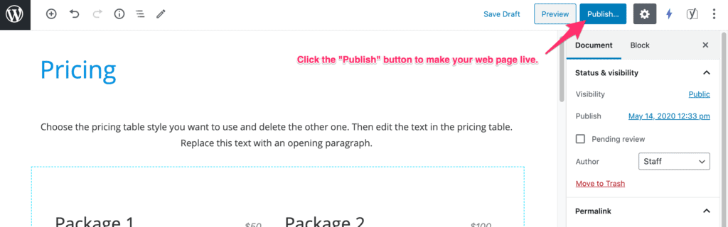 WPSitekit Guide how to publish the page