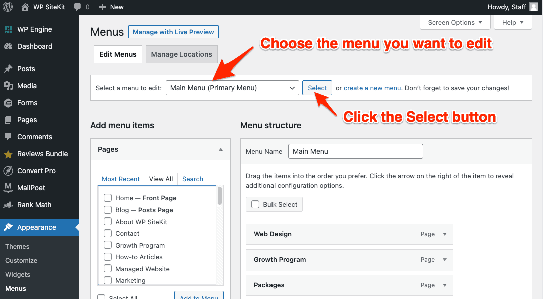 Editing Menu In Wordpress