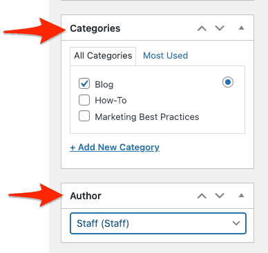 WordPress classic editor Categories and Author settings