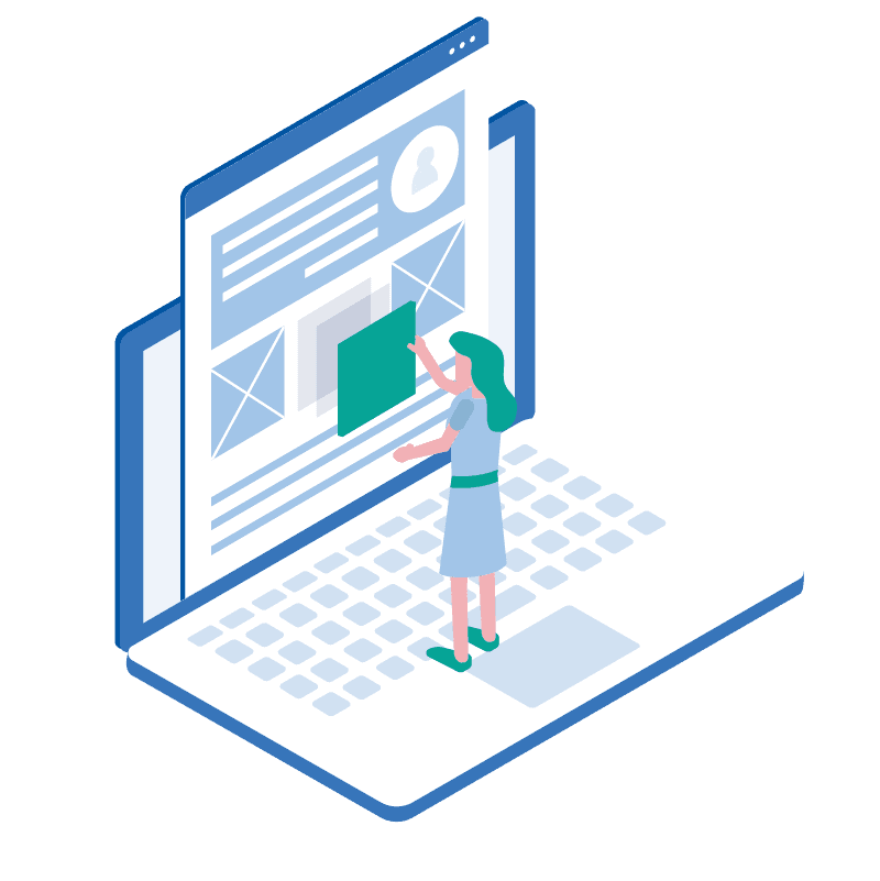 Isometric illustration of a woman using a laptop for wordpress website design packages.