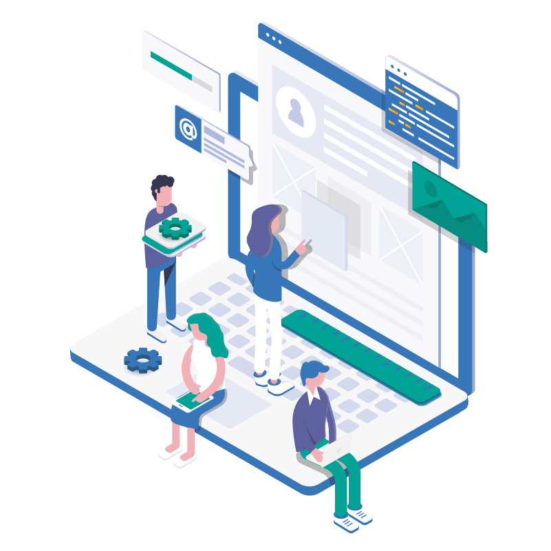 Isometric illustration of a group of people working on a WordPress website.