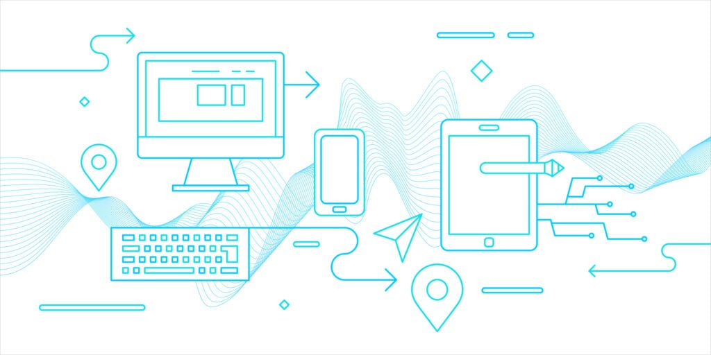 A blue line drawing of a phone, tablet, and other devices by affordable website designers.