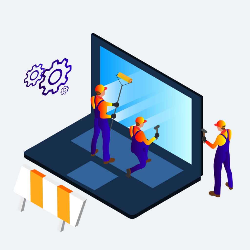Isometric illustration of a group of workers fixing my site on a laptop.