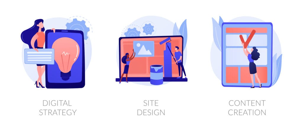 Four different illustrations of affordable web design for small business creation.