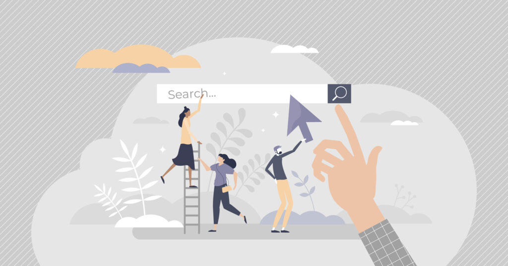 A group of people are reaching for a search button on how to redesign a website.