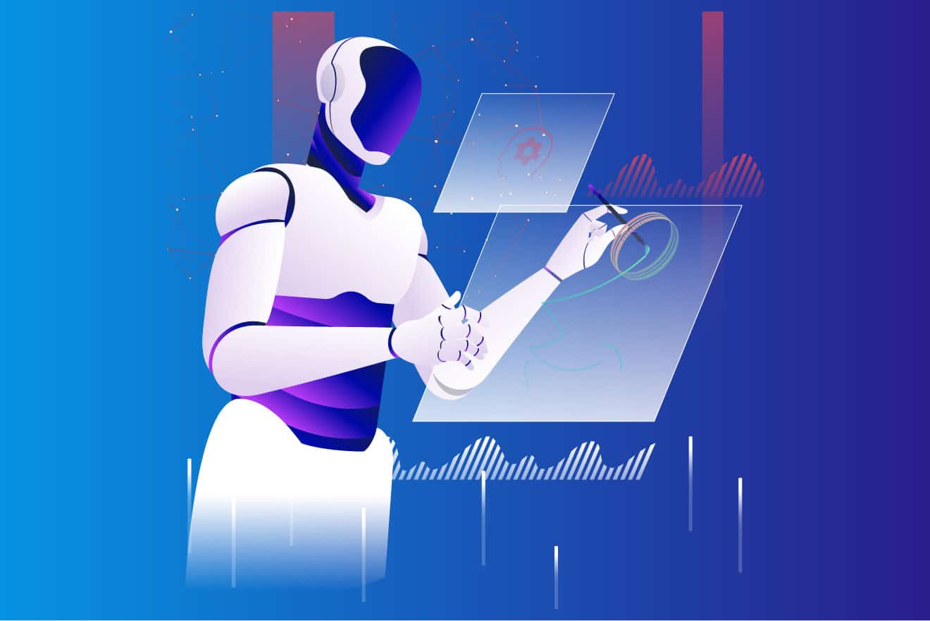 A white and purple humanoid robot operates a futuristic holographic screen with various charts and diagrams against a blue gradient background, symbolizing the AI revolution of 2024.