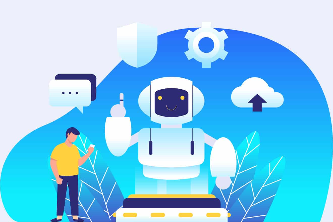 An illustration featuring a person with a smartphone next to a friendly robot, surrounded by icons of a shield, a gear, a cloud, and a chat bubble on a blue background—perfect for entrepreneurs keen on web design in 2024.