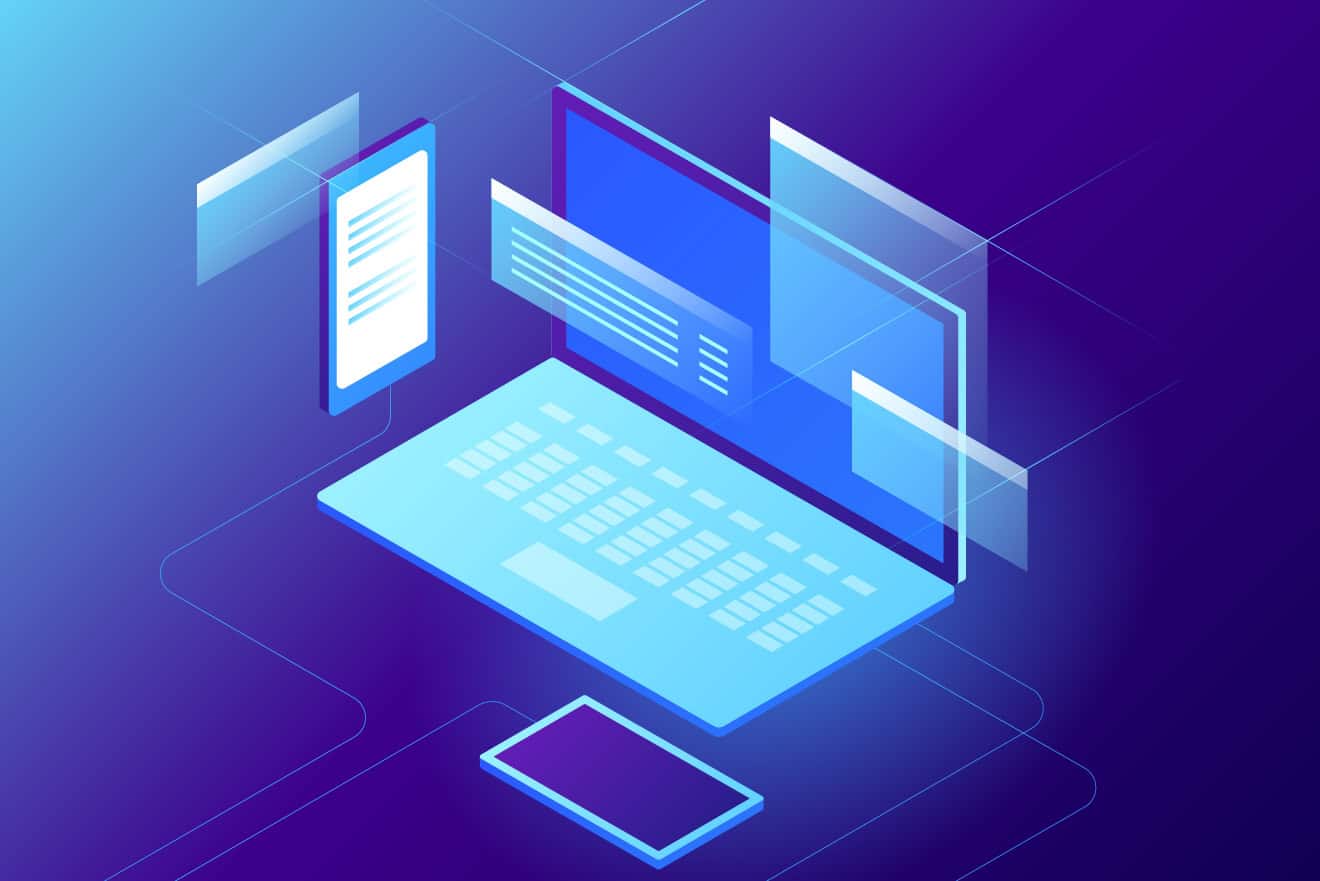 Isometric illustration of a laptop, smartphone, and tablet on a blue and purple gradient background, depicting digital connectivity and information sharing across multiple devices—a perfect visual for entrepreneurs kicking off new ventures in 2024.