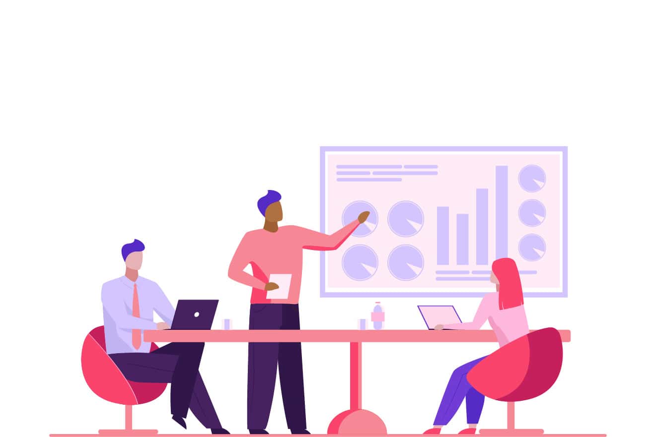 Illustration of three people in a meeting room, with one person presenting data on a wall screen showing charts and graphs, while the other two, from a leading web design company 2024, use laptops at a table.