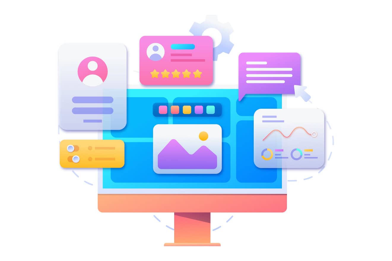 Illustration of a computer screen displaying various digital elements including user profiles, charts, a picture, and chat bubbles, depicting a data dashboard or user interface from a cutting-edge web design company 2024.