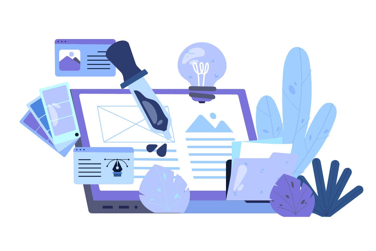 Illustration of a laptop surrounded by design tools including color palettes, folders, a light bulb, and plants, depicting a creative workspace for a local web design agency 2024.