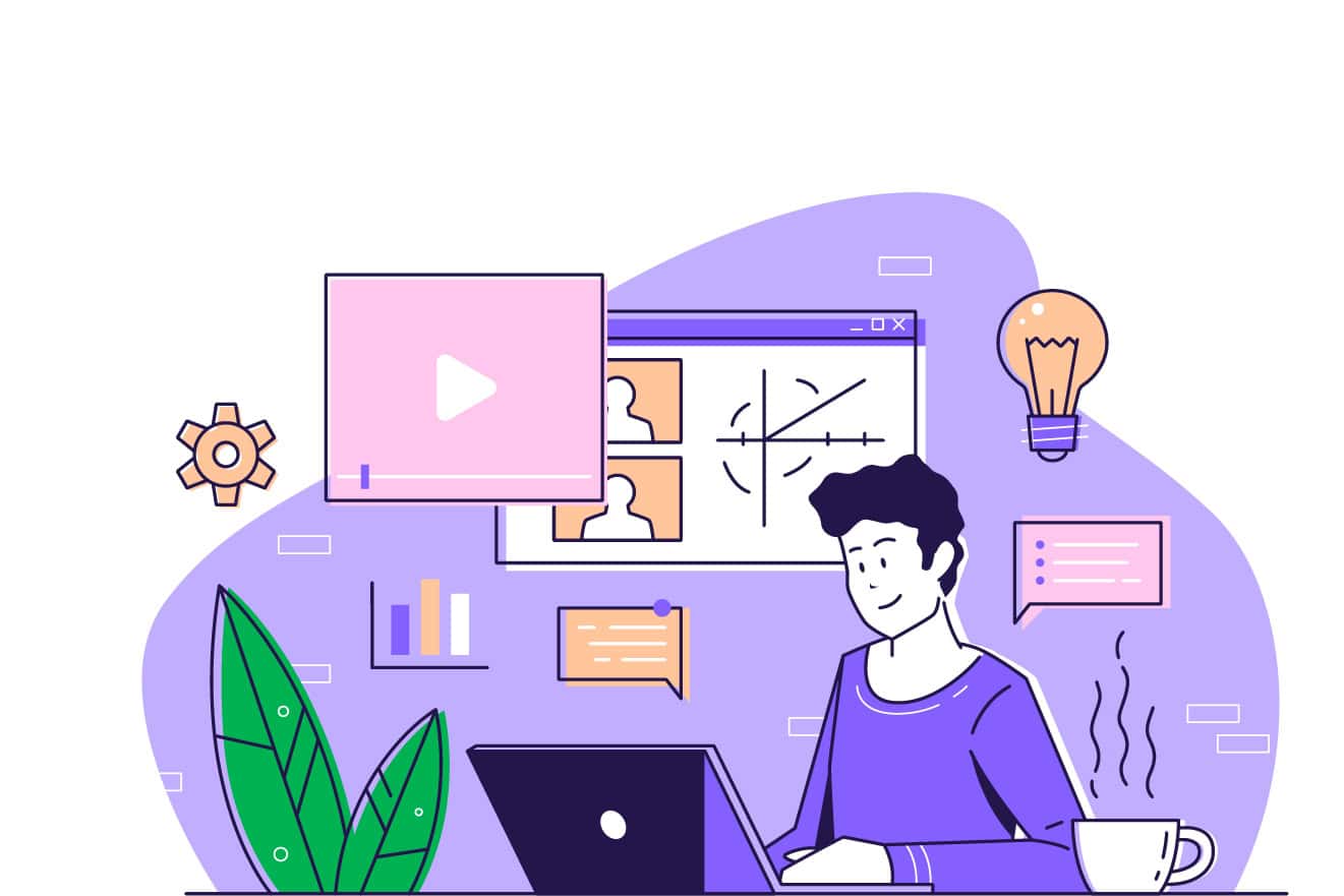 An illustration of a person working on a laptop in a purple-themed office setting, surrounded by various digital interface elements including videos, chats, and graphs. This modern workspace could easily be part of the creative environment at a local web design agency 2024.