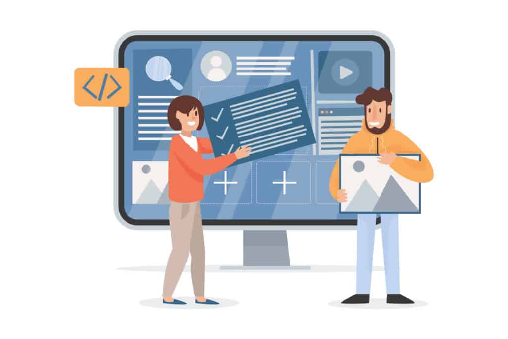 An illustration of two people collaboratively working on a website redesign, using large screen elements such as code, text, and images.