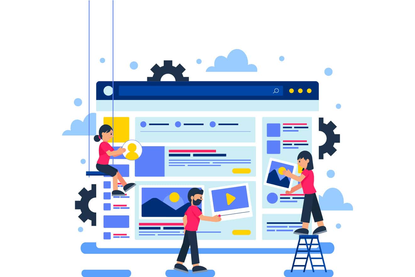Illustration of three people working on a website redesign, with one on a ladder, one lowering a profile picture, and another adding a video icon to the webpage layout. Gears and cloud icons are in the background.