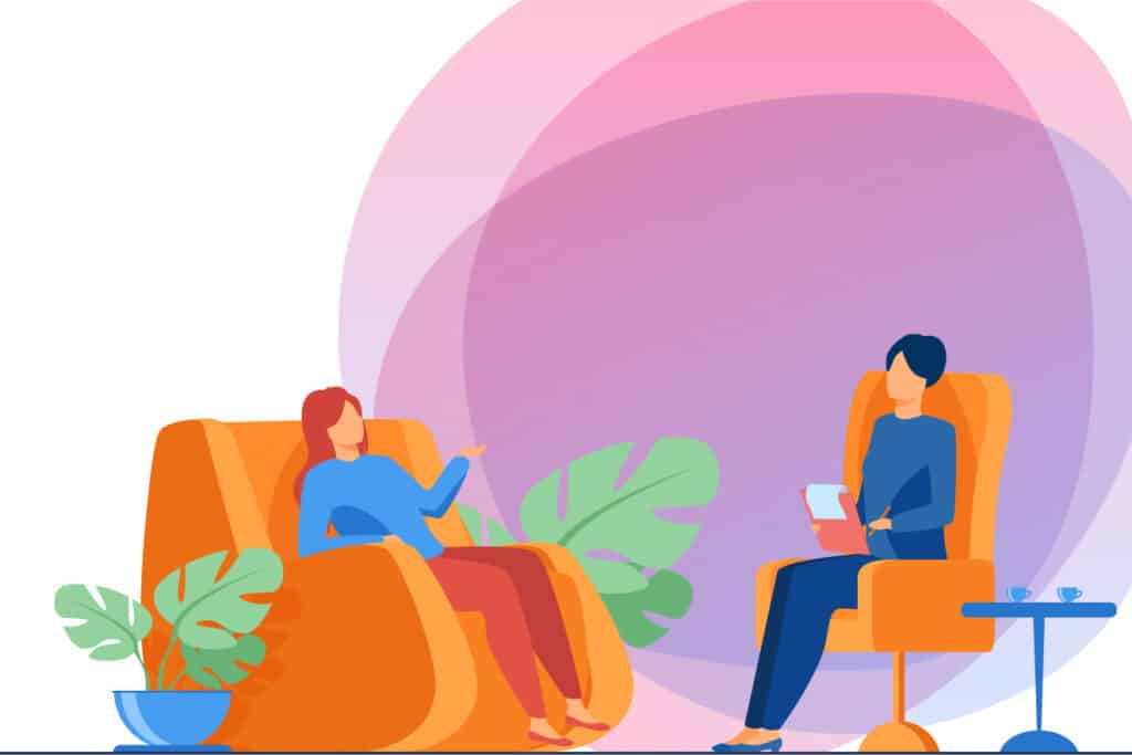 Illustration of a person sitting in a chair and speaking to another person with a clipboard, reminiscent of consultations featured on life coach websites. Both are in a room adorned with plants and a side table, set against a backdrop of abstract, colorful shapes.