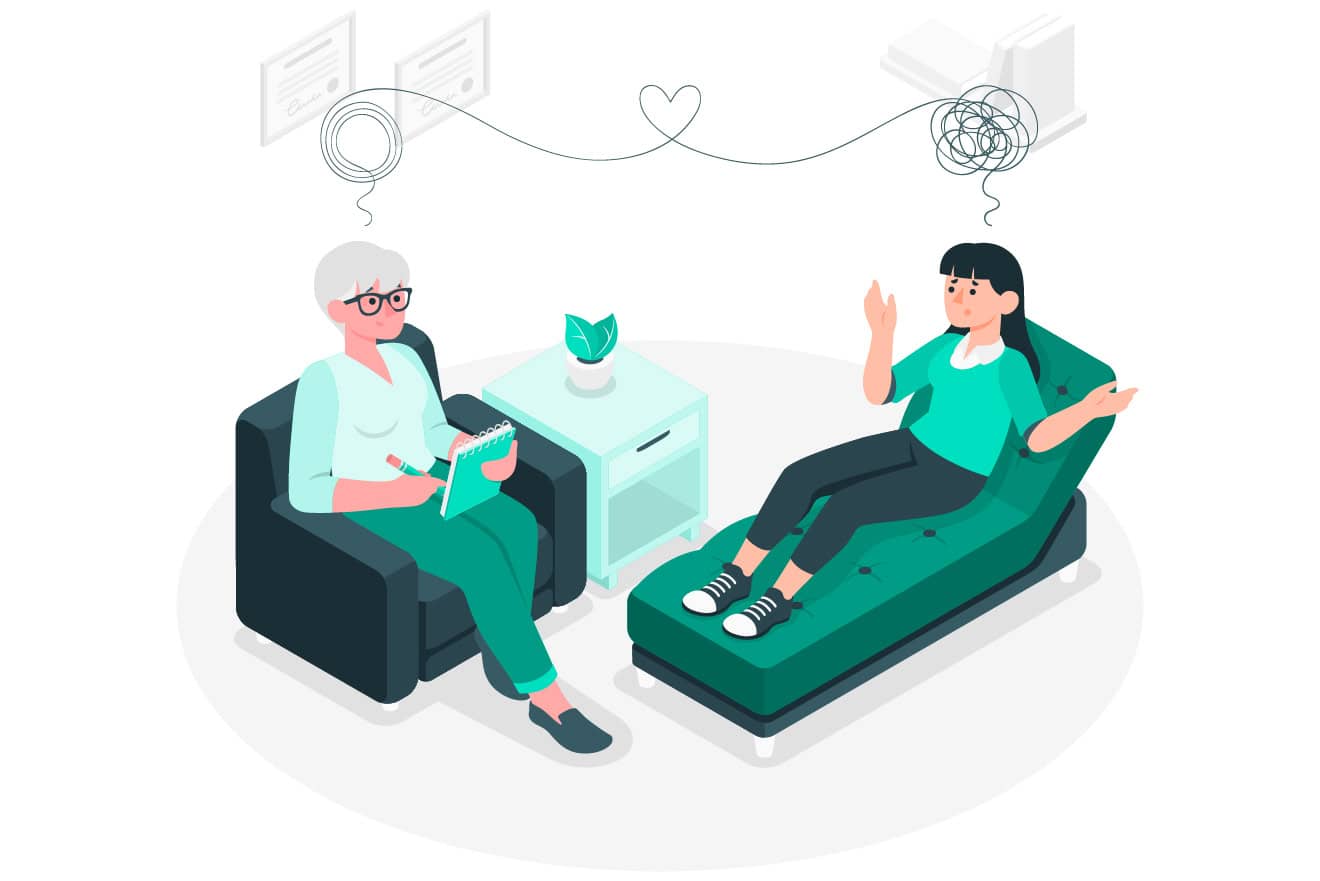 A therapist sitting on a chair takes notes while a patient lies on a couch, expressing herself. Thought bubbles above their heads show a tangled line transforming into a heart, resembling illustrations often seen on life coach websites.