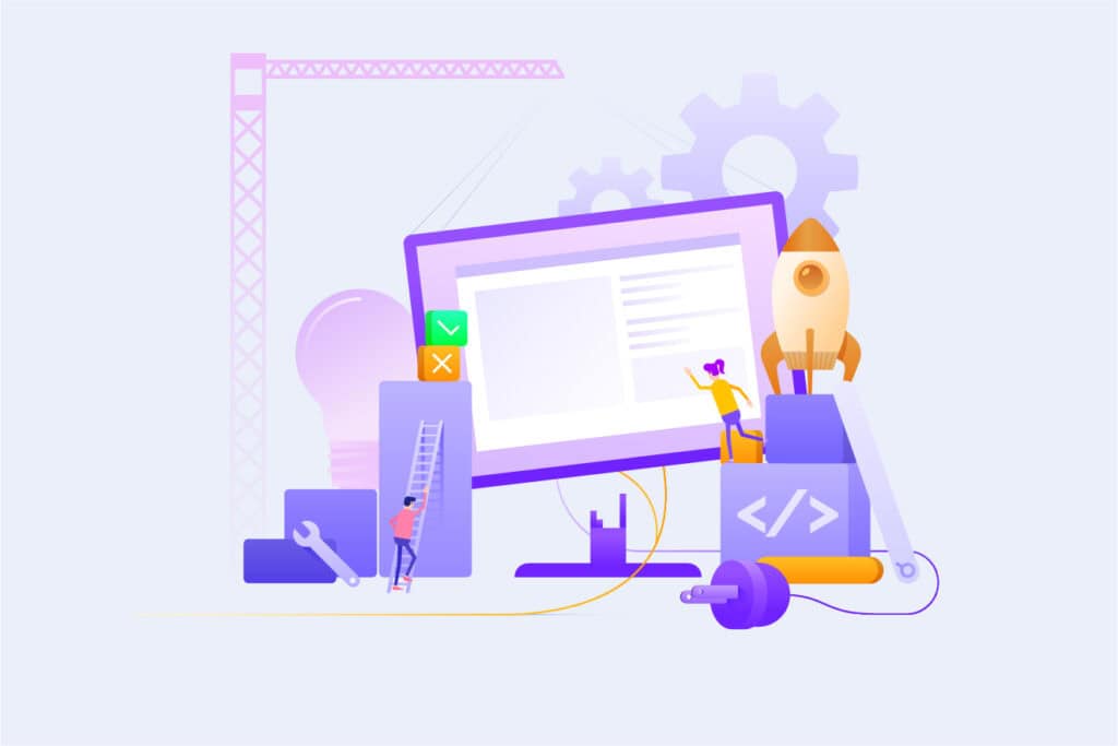 Illustration of two small figures with a large computer screen, a rocket, gears, and construction elements, symbolizing website development and programming. The scene perfectly encapsulates the essence of a website redesign template in action.
