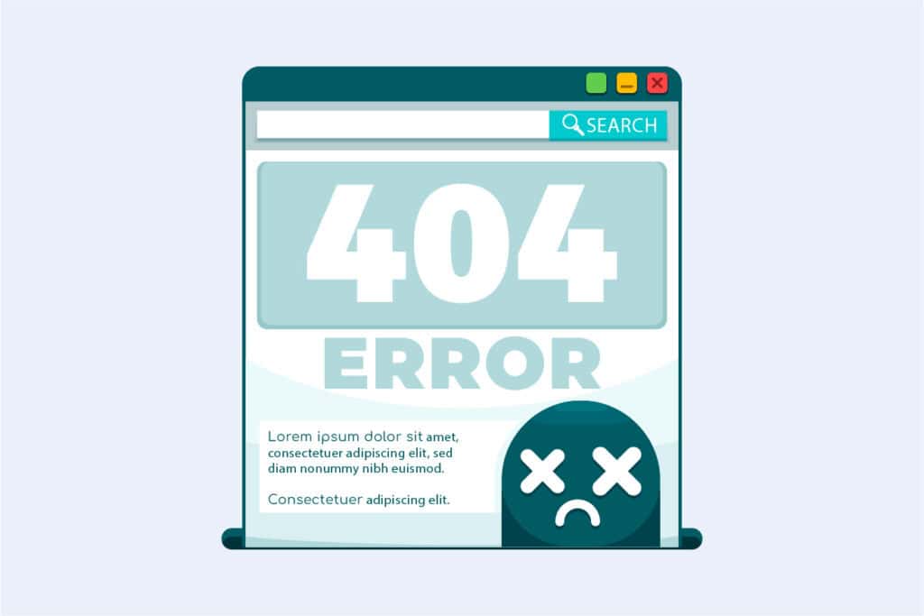 Illustration of a web page showing a 404 error message with a sad face icon at the bottom right. There is placeholder text below the error message and a search bar at the top right, indicating that the WordPress site might be down.