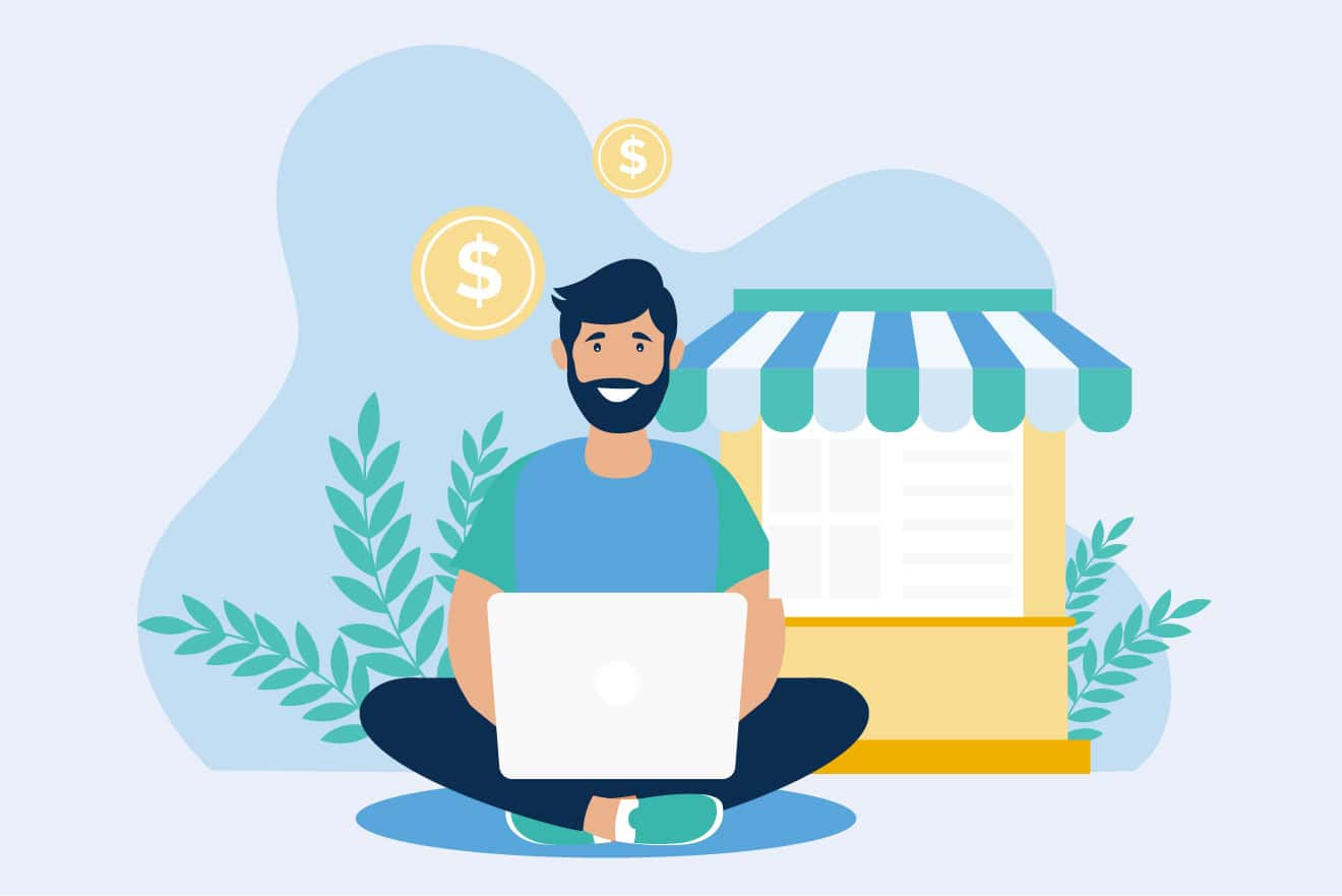 Illustration of a person sitting cross-legged with a laptop, coins above their head, and a storefront in the background, symbolizing inexpensive website design for small business owners.