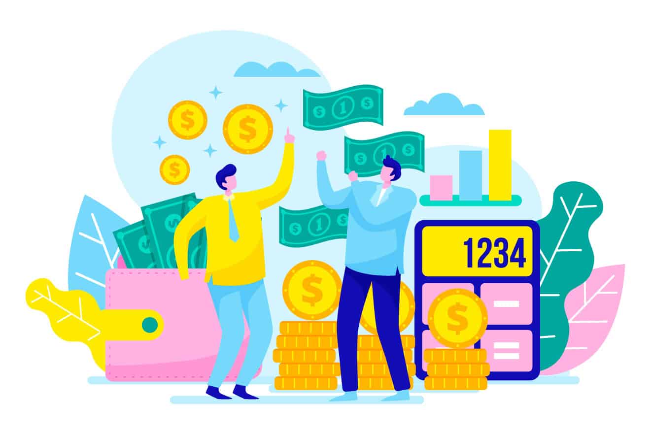 Illustration of two people celebrating financial success with stacks of coins, cash, and a large calculator displaying 1234 in the background. The scene subtly highlights their journey from using an inexpensive website design for small business to achieving remarkable growth.