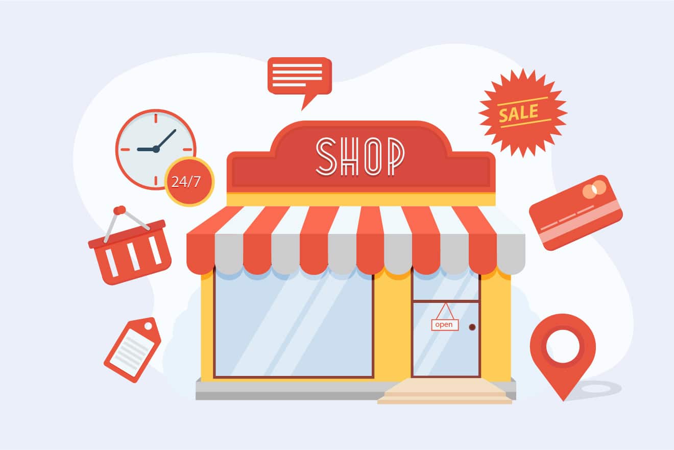 Illustration of a storefront with a red and white striped awning, surrounded by shopping-related icons, including a clock, shopping cart, sale tag, credit card, and location pin—perfect for affordable websites for small business owners.