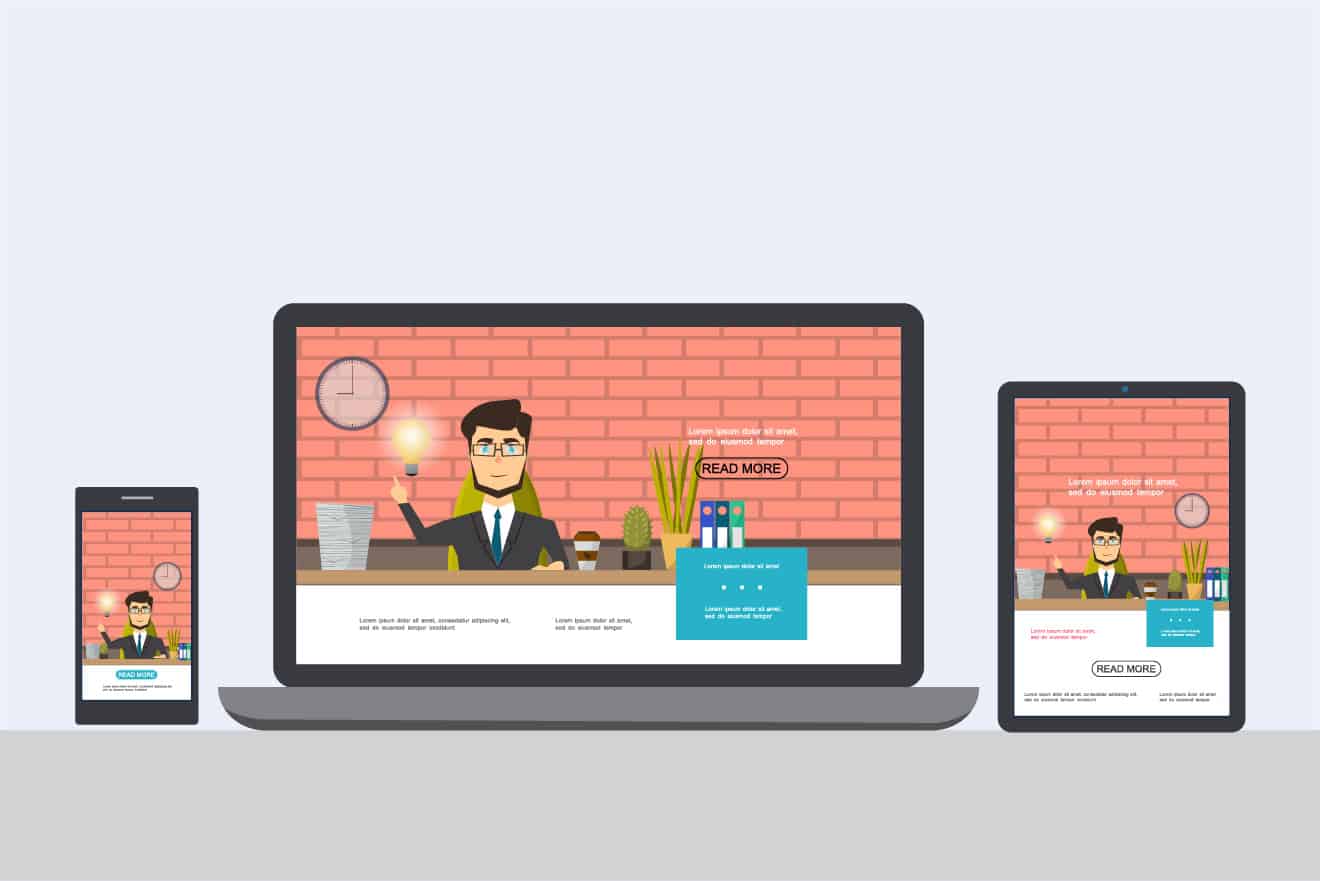 Illustration of a responsive website displayed on a smartphone, laptop, and tablet, featuring a person in a suit in front of a brick wall background with a clock and various icons, highlighting the advantages of inexpensive websites for small businesses.