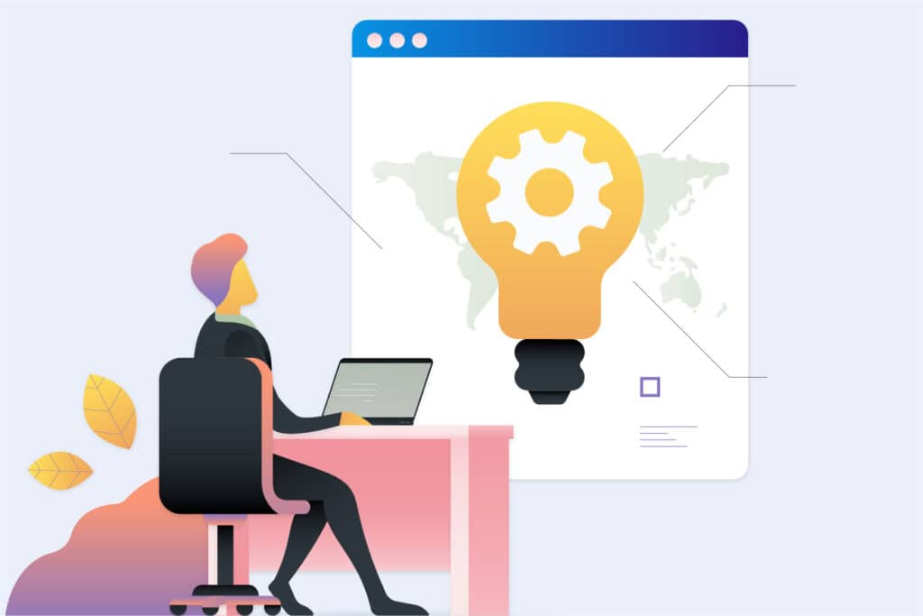 Illustration of a person sitting at a desk with a laptop, looking at a presentation screen showing a gear inside a light bulb, symbolizing innovative ideas for inexpensive websites for small businesses, with a world map in the background.