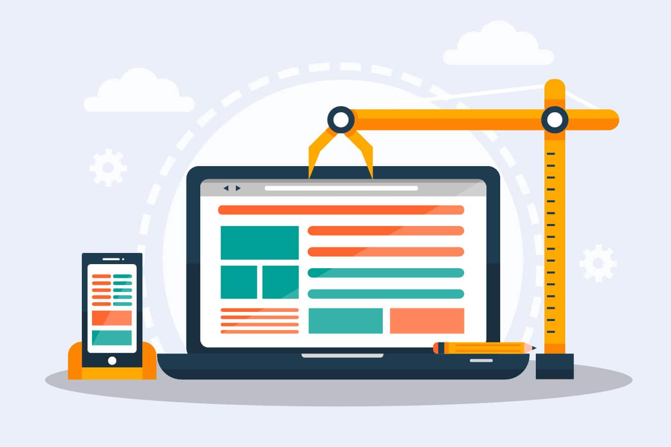 Illustration of website development featuring a laptop and smartphone with web pages, a crane arm, and a ruler representing design and construction tools, showcasing the ease of using pre-built WordPress sites for efficient project completion.