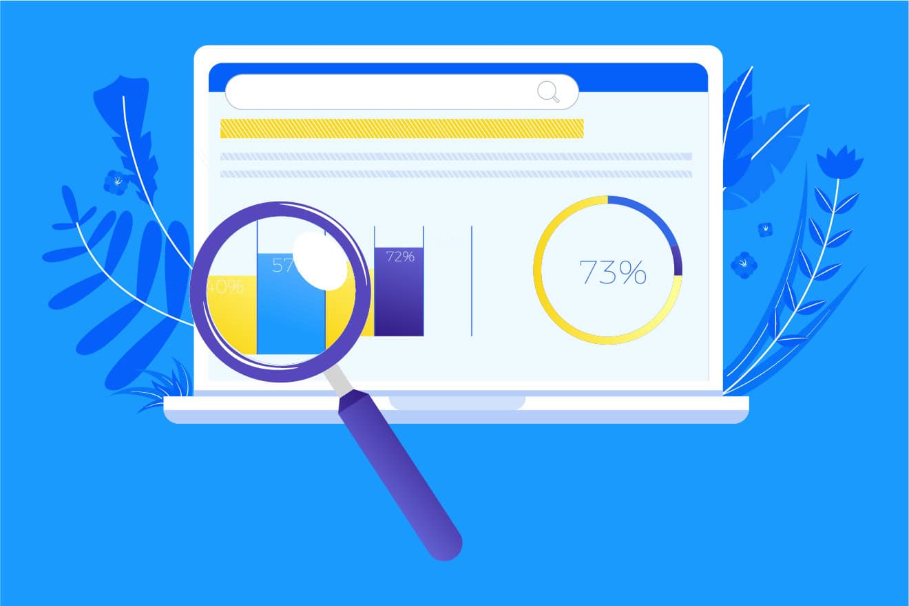 Illustration of a laptop screen displaying bar and pie charts, with a magnifying glass highlighting sections of the charts. The background is blue with faint botanical designs, ideal for presenting a WordPress SEO audit visually.