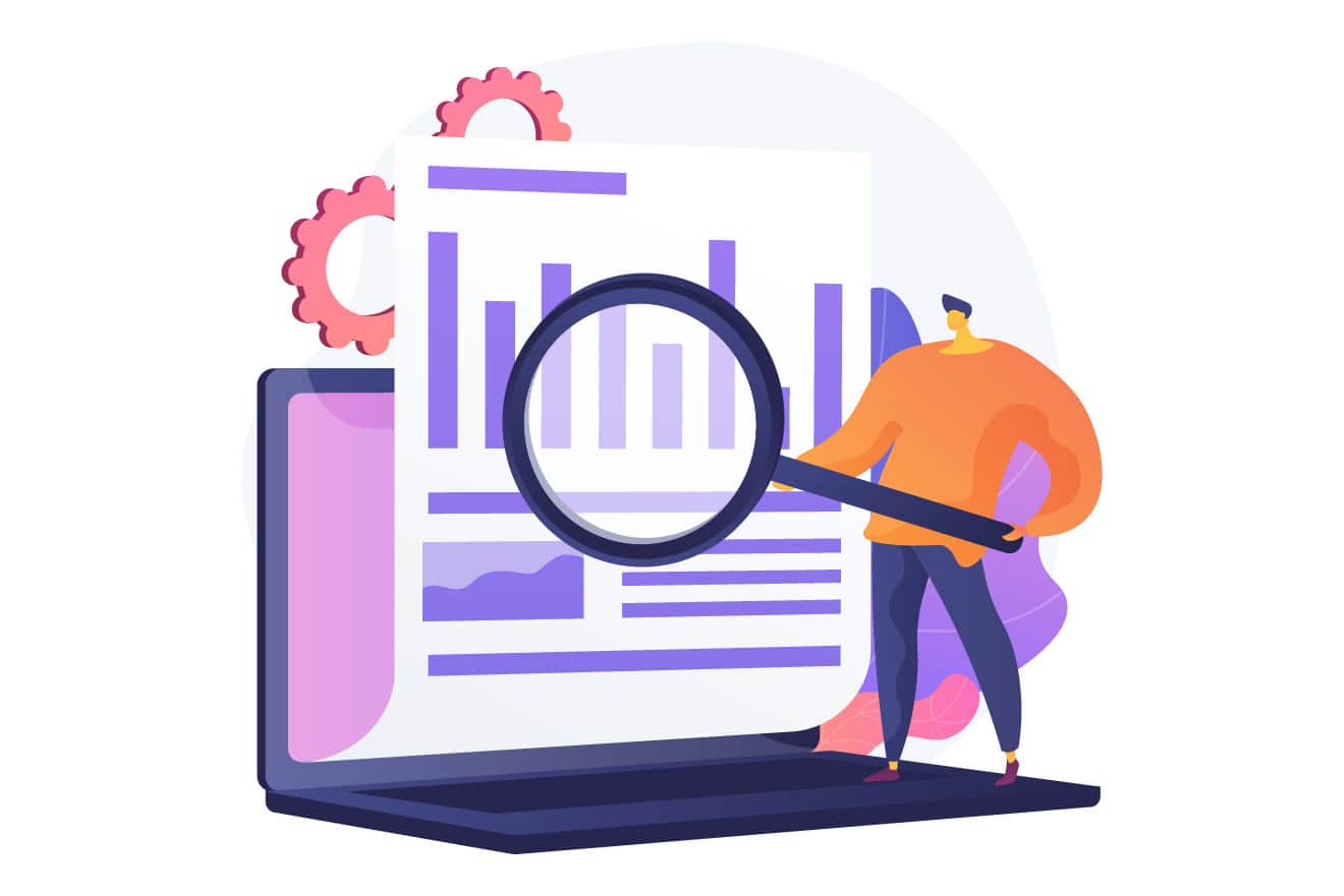 Illustration of a person holding a large magnifying glass, examining graphs and charts on a laptop screen. Gears are visible in the background, symbolizing analysis and data processing, akin to the meticulous nature of a WordPress SEO audit.